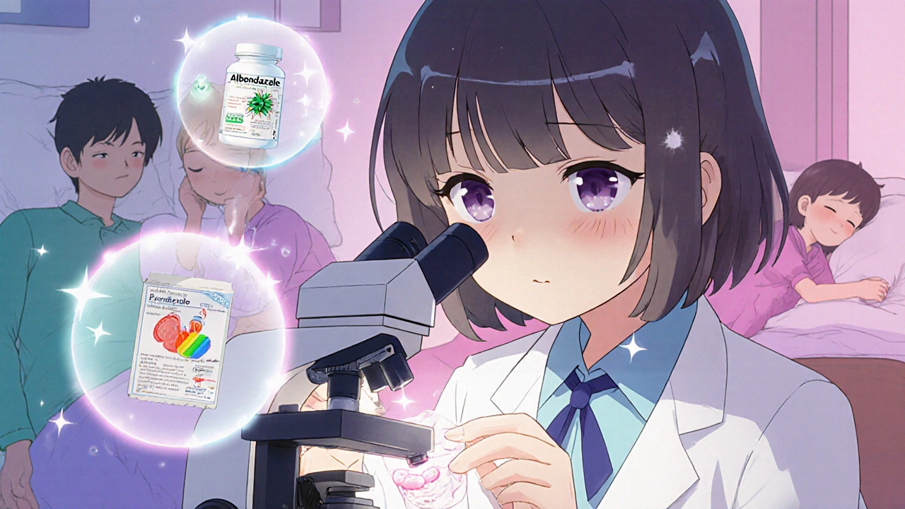 A doctor examining stool under a glowing microscope with medicine tablets floating nearby.