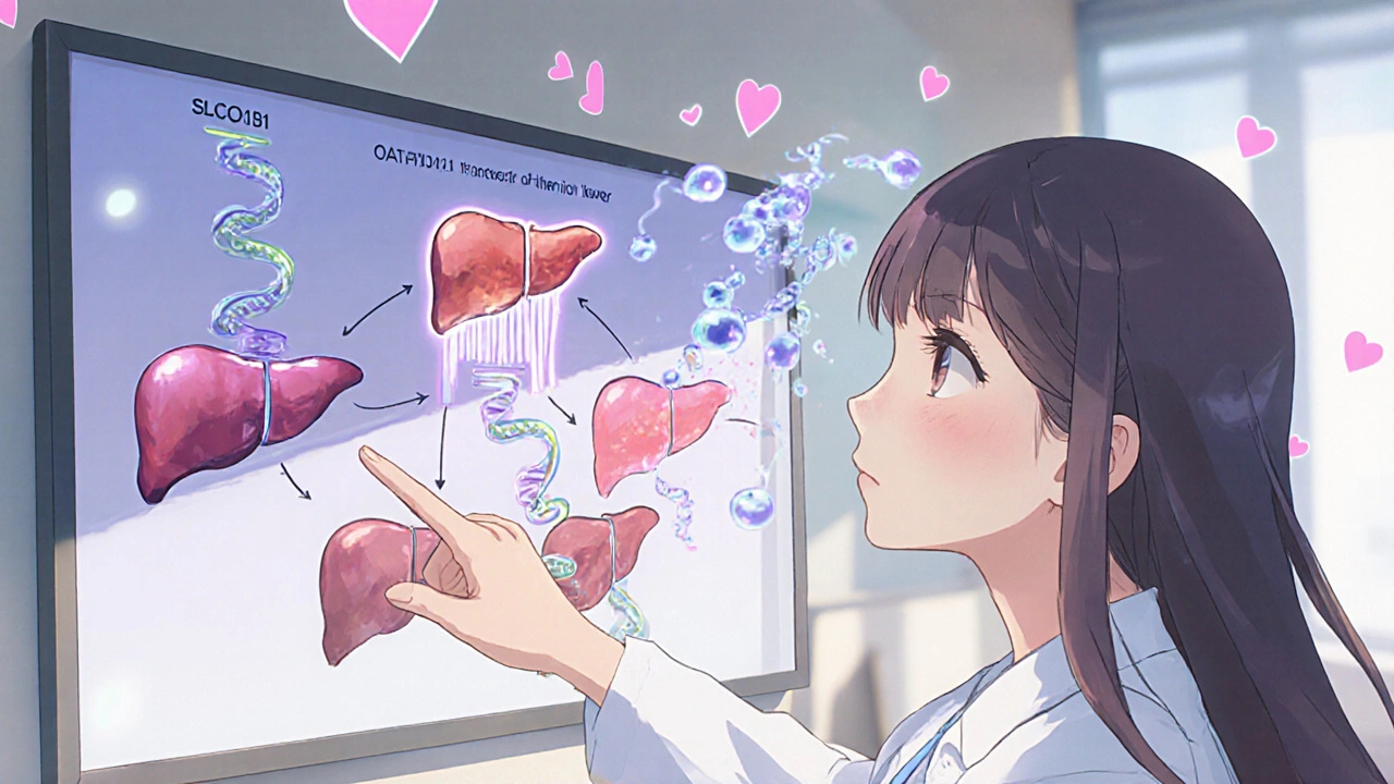 A doctor explains a genetic diagram to a patient, with statin molecules moving toward the liver.