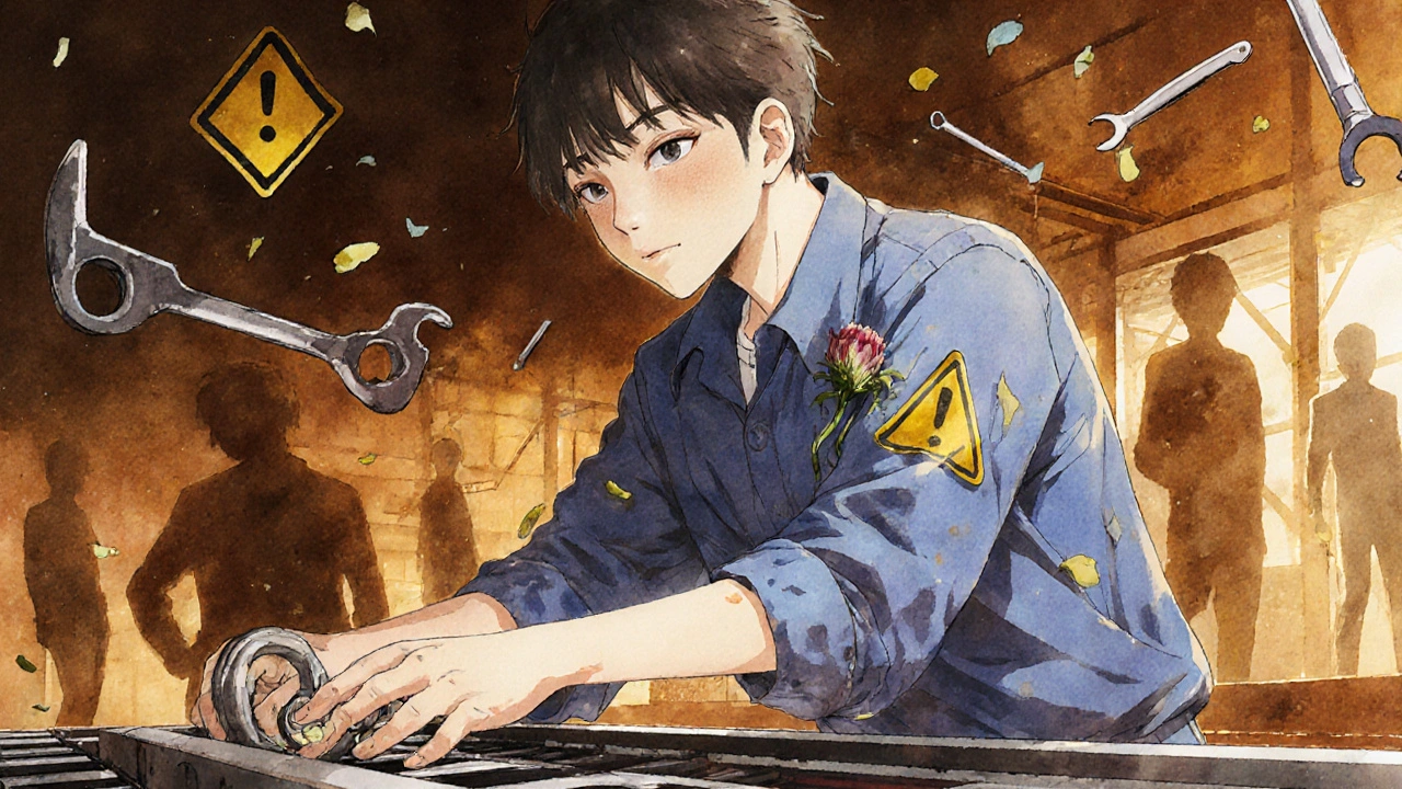 A factory worker under the influence of pain meds, surrounded by ghostly warning symbols and falling petals.