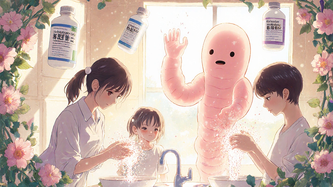 A family washing hands and bedding as worm eggs dissolve into sparkles in a sunlit bathroom.