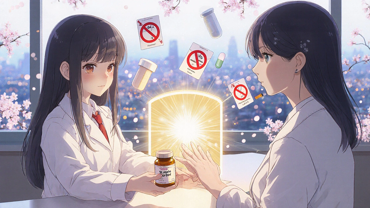 A girl at a pharmacy receives a warning as golden light shields her medications from dangerous herbal interactions.