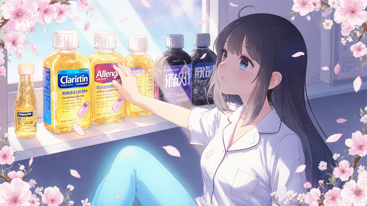 A girl choosing safe allergy meds like Claritin and Allegra on a glowing pharmacy shelf, calm blue energy in her legs.