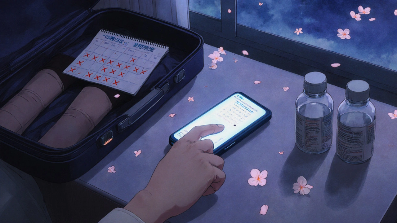 A hand using a portable INR monitor at night, with medication bottles and a marked calendar nearby.