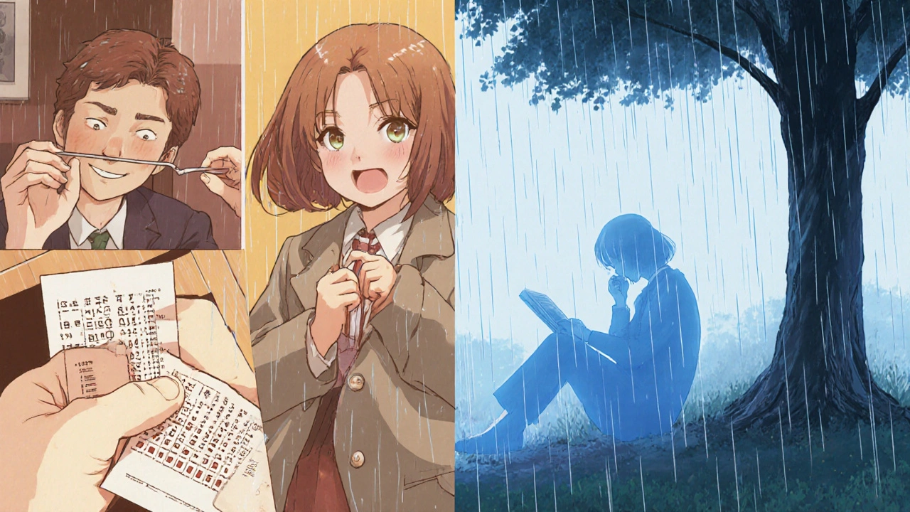 A patient performs daily tasks with improved control, while faint foggy thoughts linger nearby.