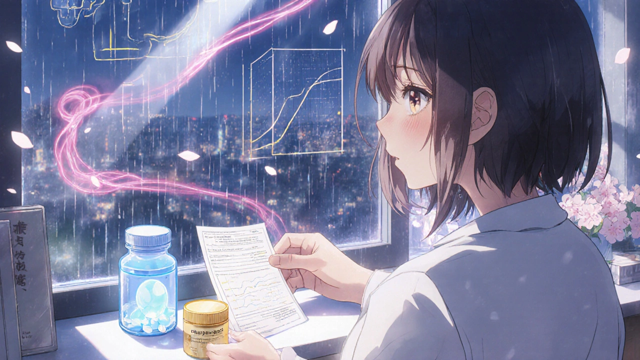 A pharmacist hands a generic prescription as glowing drug absorption curves swirl behind them in a rainy pharmacy.