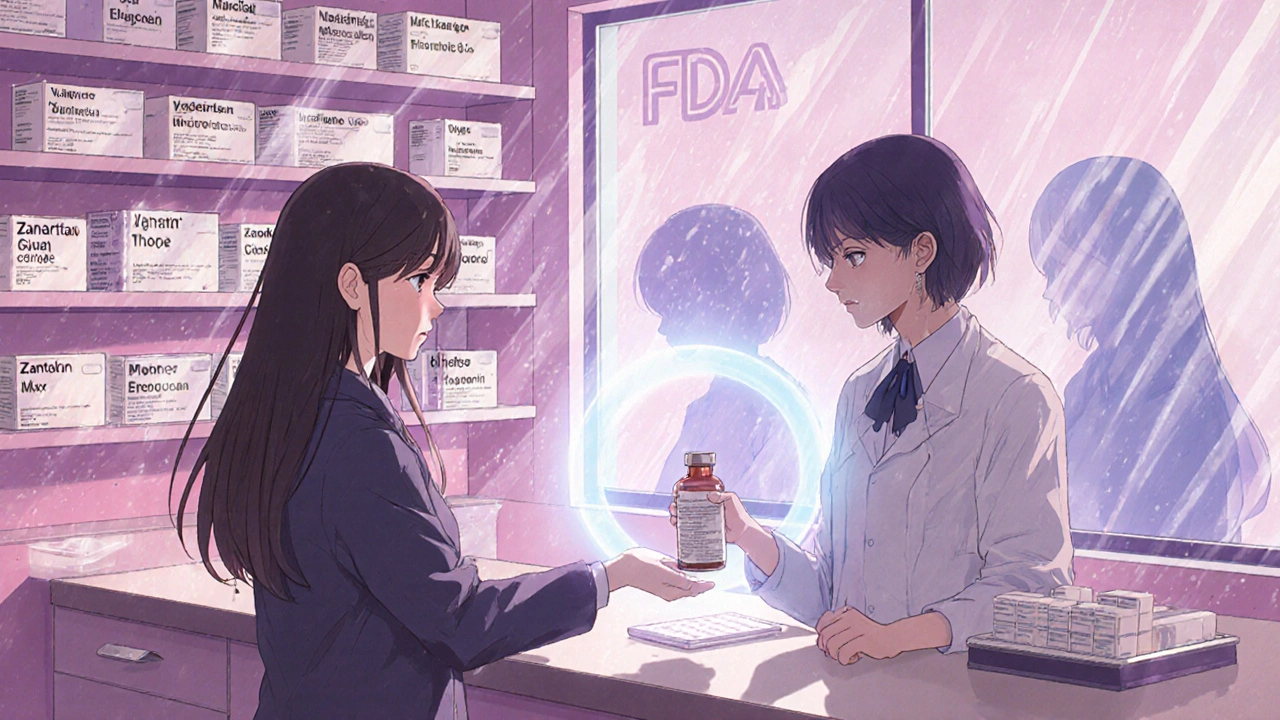 A pharmacist hands a new prescription as faded recall labels drift away in the background.