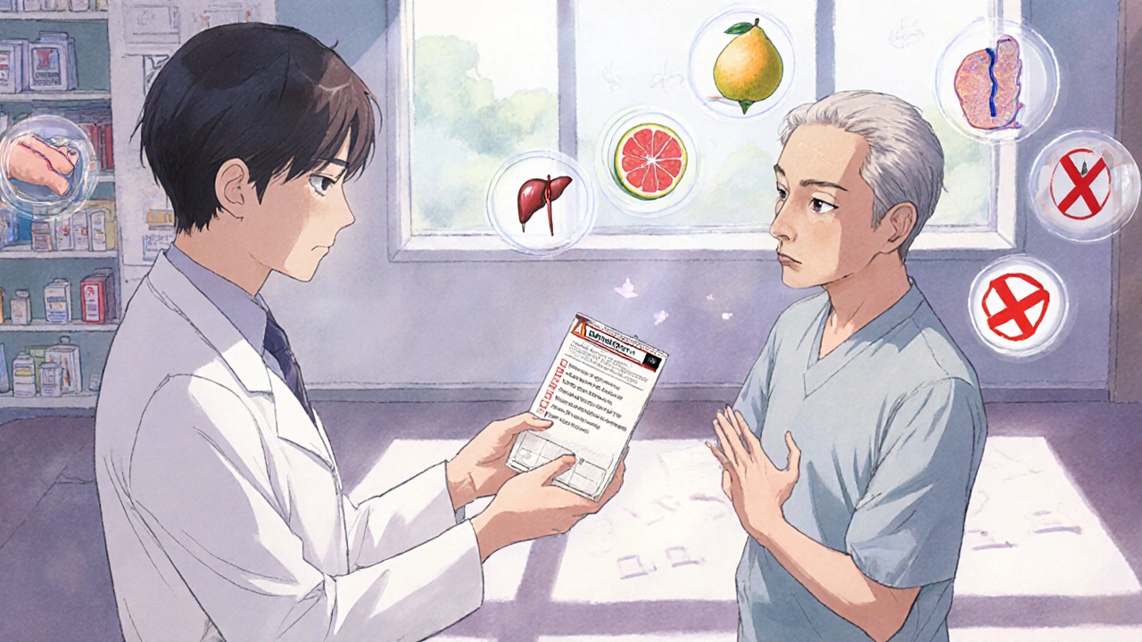 A pharmacist hands a prescription to a man as translucent warning icons float around them in a cozy pharmacy.