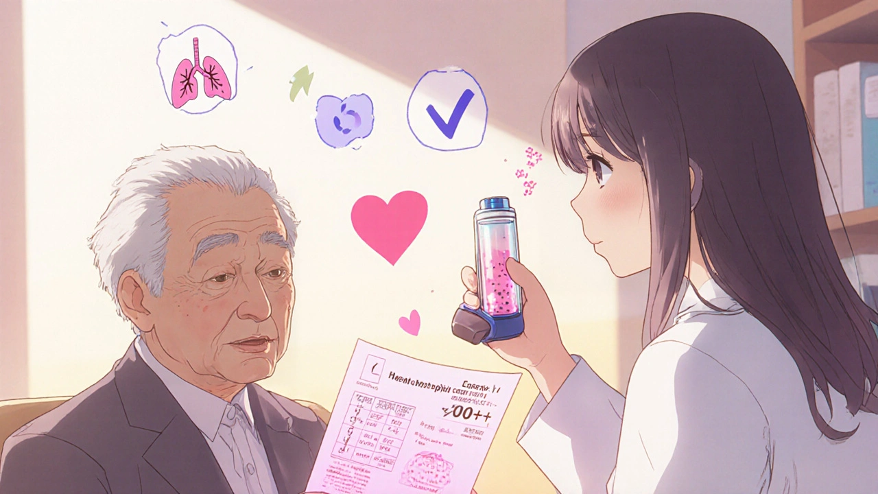 A pharmacist shows an elderly patient how to use an inhaler, with glowing blood test results and lung particles in a warm clinic setting.