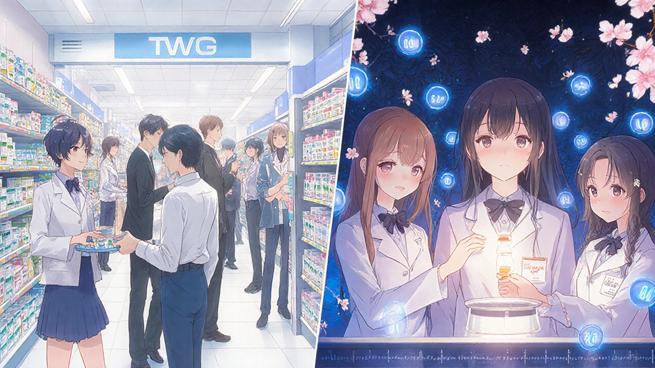 A pharmacy scene transitions into a hidden lab where scientists monitor drug stability with glowing chambers.