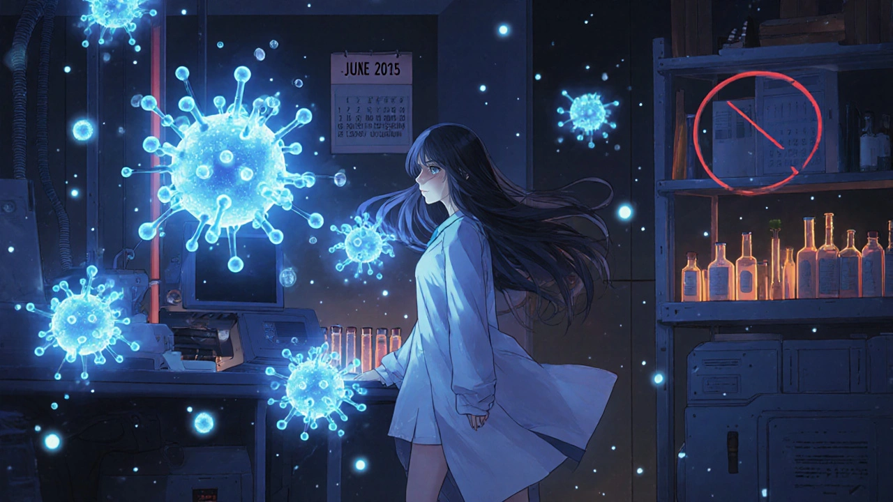 A scientist in a lab watches holographic molecules being purified by glowing blue particles.