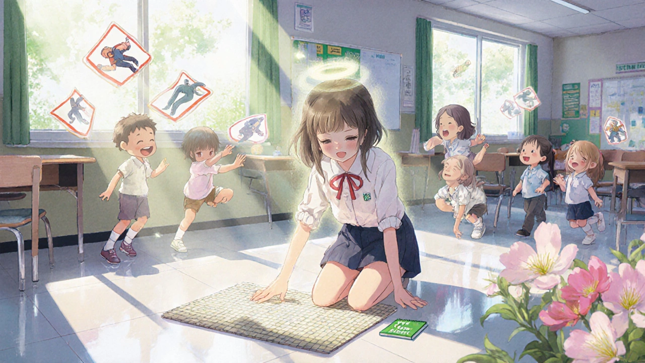 A teen girl installs non-slip mats in a classroom as children play safely, with warning icons fading into flowers.