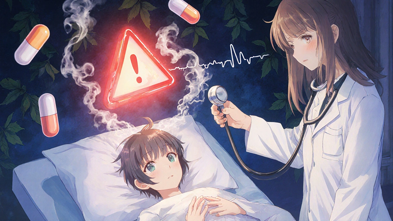 A transplant patient lies in bed as immunosuppressant drugs dissolve into smoke, with a doctor reaching out urgently.