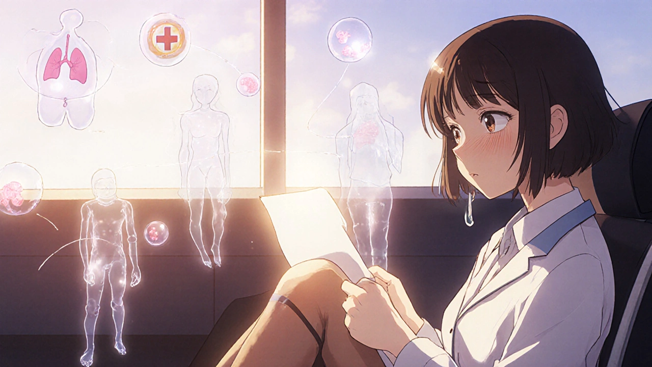 A woman in an airport with a swollen leg, ghostly clots nearby, clutching a doctor’s letter.