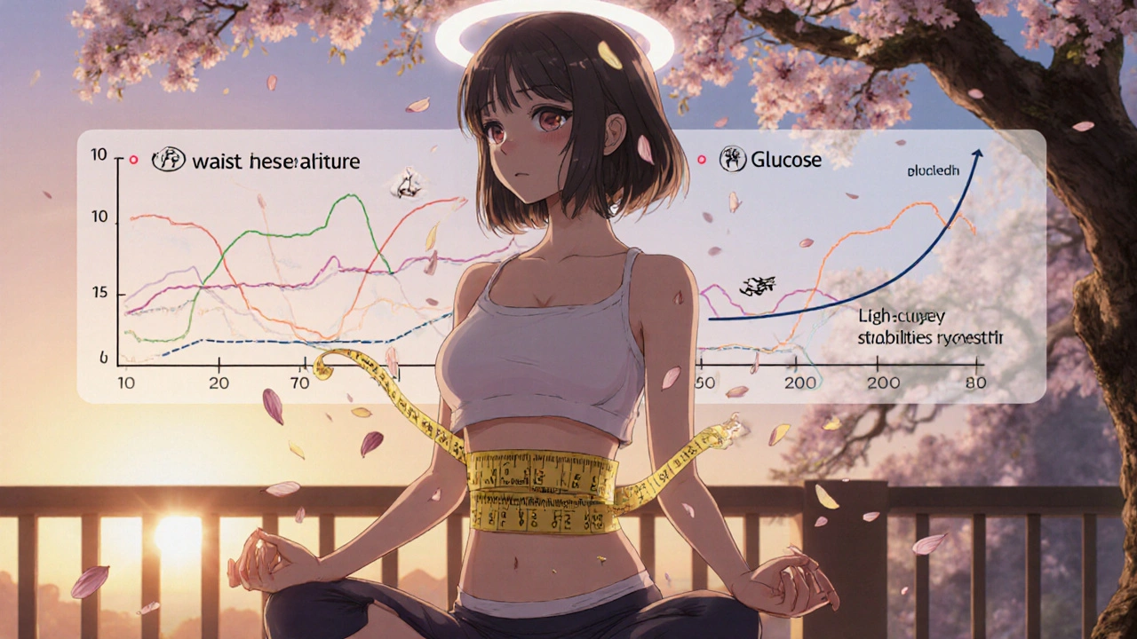 A woman in yoga pose at sunrise, with a shrinking waist tape and fading health markers glowing around her in soft light.