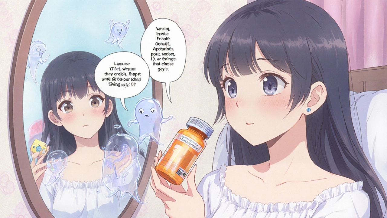 A young woman realizing inactive ingredients are affecting her body, with ghostly elements floating around her.