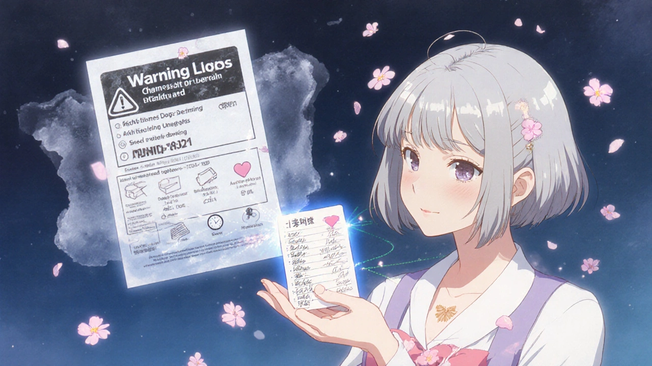 An elderly woman holds a handwritten warning log with illustrated symbols glowing softly beside her, floating label visible in background.