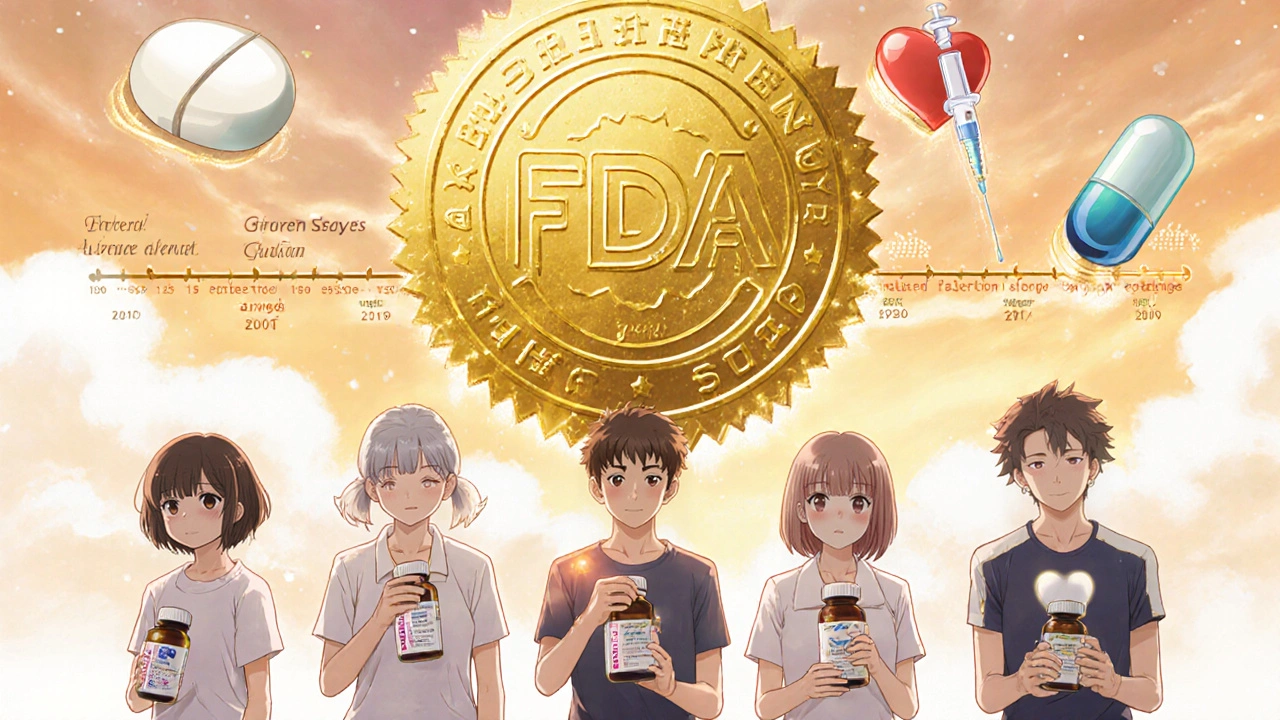 Diverse people holding generic drugs under a glowing FDA seal, with medical icons and a timeline in the background.