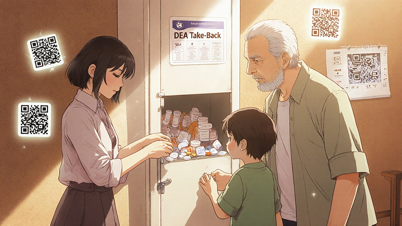 Family together disposing of expired meds at a DEA drop box, locked cabinet and calendar visible.