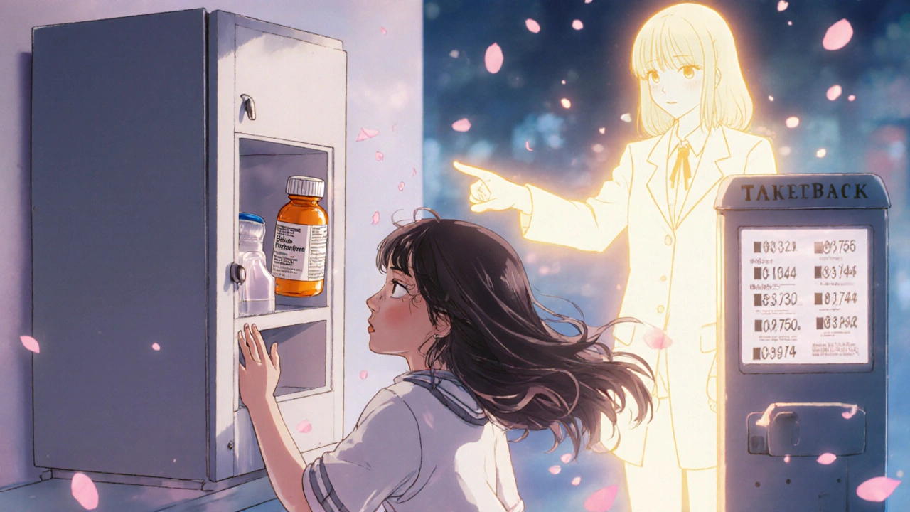 Girl reaching for expired epinephrine as a ghostly pharmacist guides her to a take-back kiosk.
