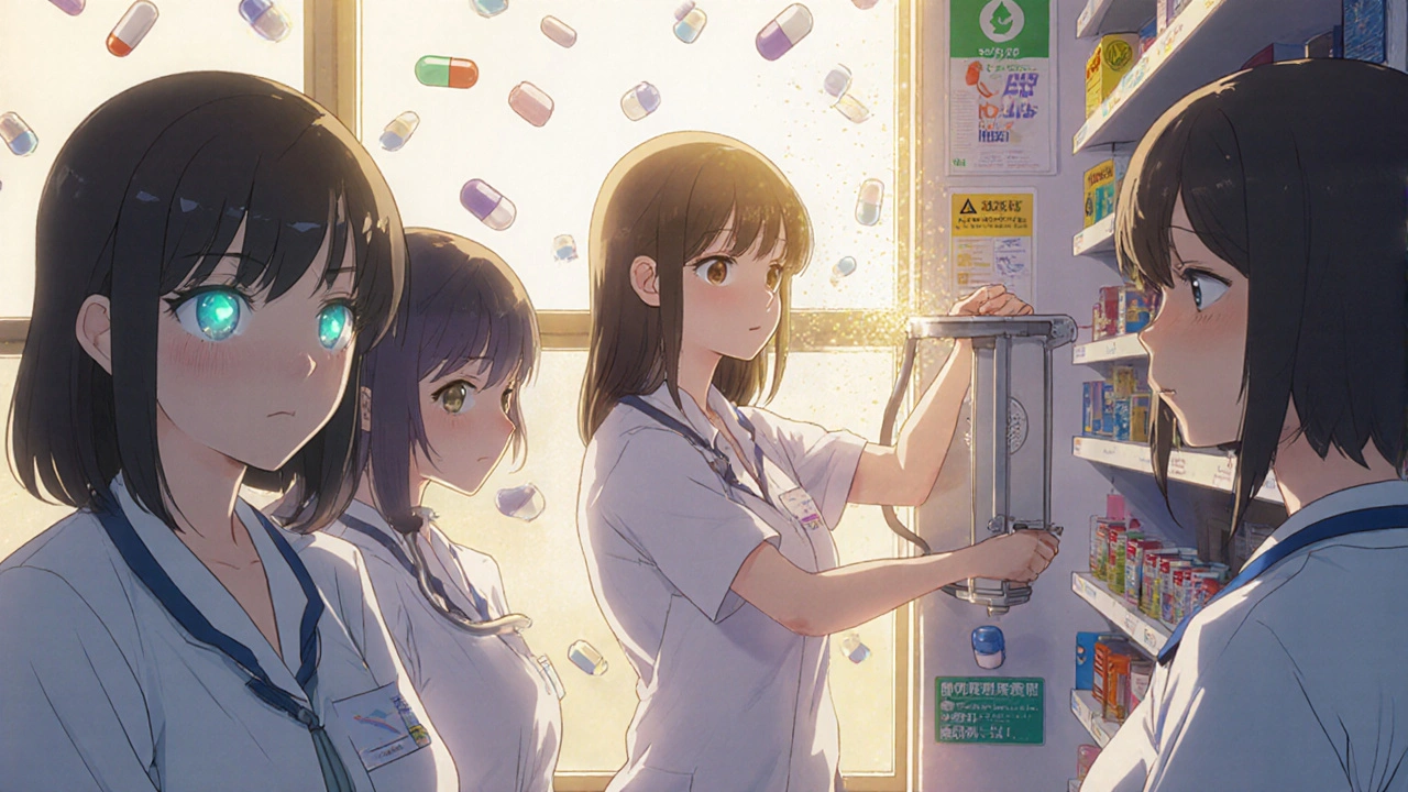 Healthcare workers installing safety equipment in a pharmacy, golden light highlighting the new protective system.