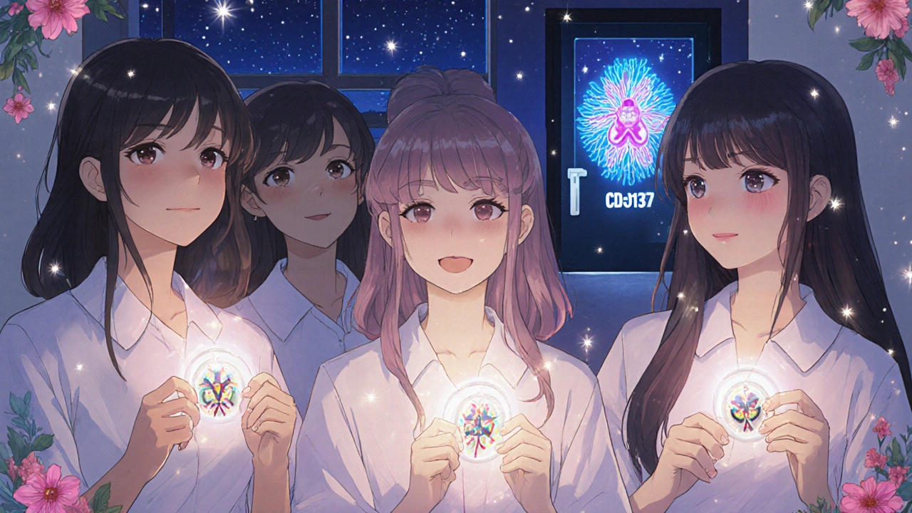 Patients in a clinical trial waiting area holding glowing CD137 keychains under a starry immune-system sky.