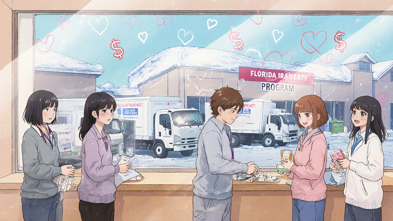 Patients receiving affordable imported meds at a U.S. pharmacy with Canadian import program signage visible.