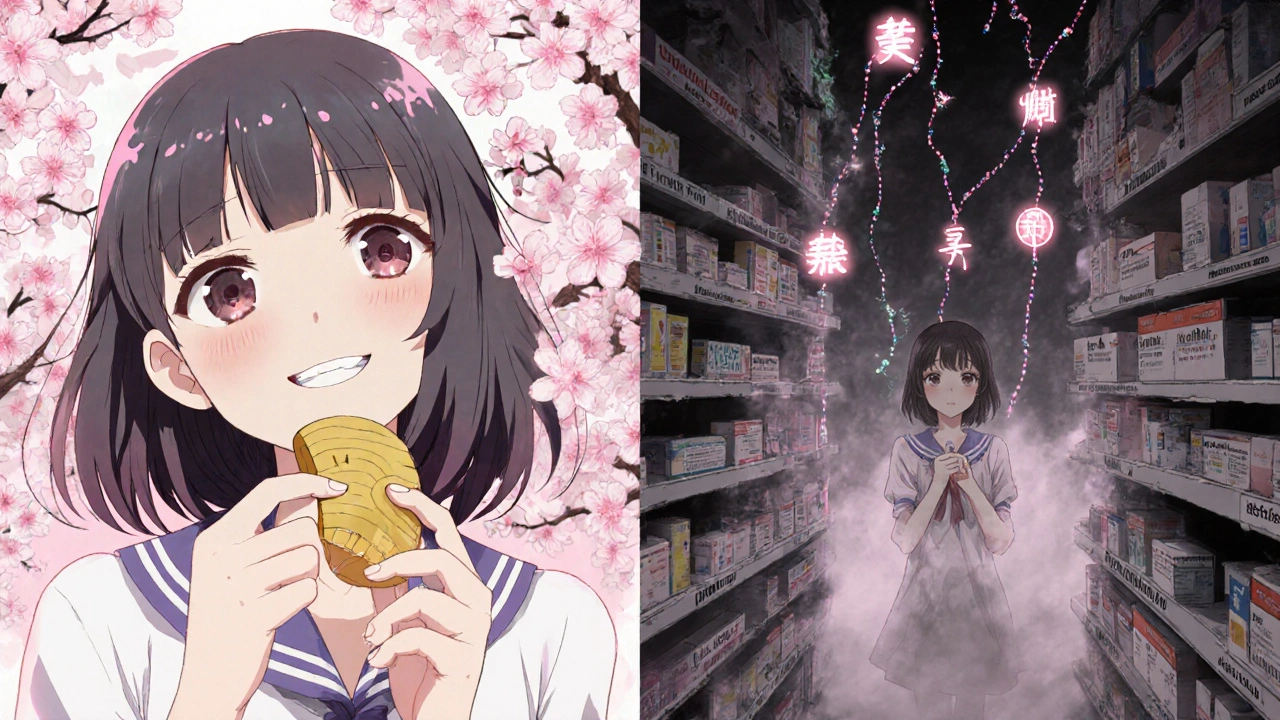 Split dream: girl taking goldenseal happily vs. shadow trapped in maze of drug shelves with snapping enzyme chains.