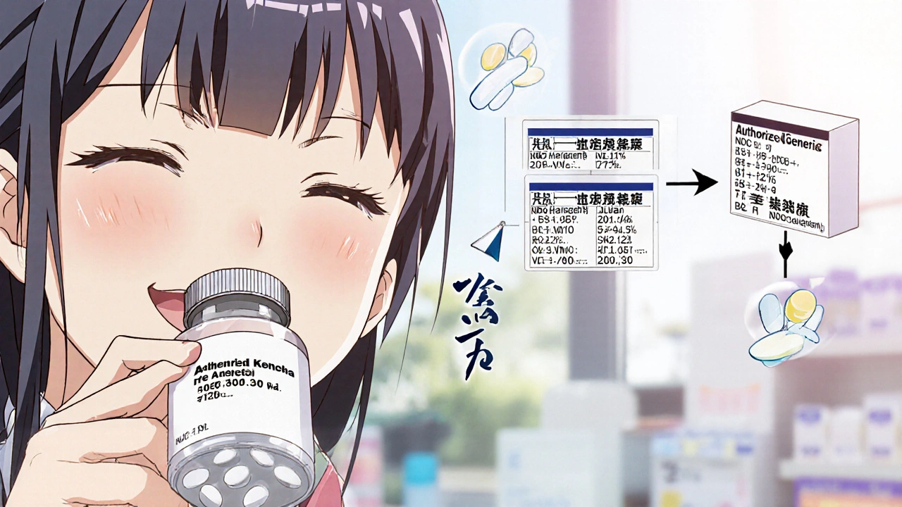 Split image showing the same pill in branded and authorized generic packaging, with NDC codes matching visually.