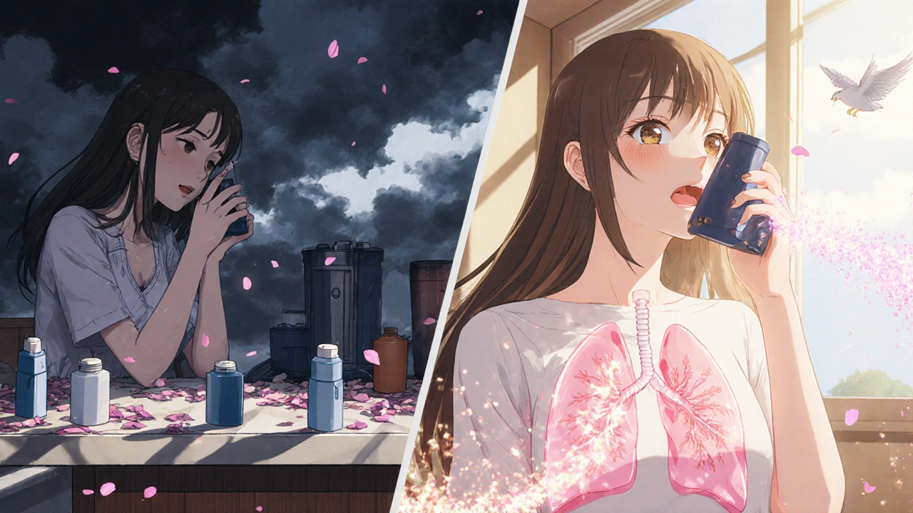 Split scene: chaos of three inhalers vs. calm with one inhaler as glowing particles flow into lungs, symbolizing improved adherence and breathing.