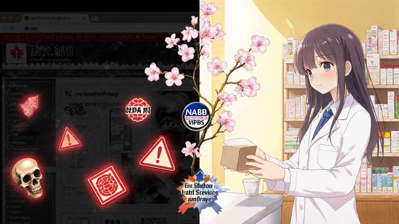 Split scene: dangerous counterfeit online pharmacy vs. safe Canadian pharmacy with verification badges.
