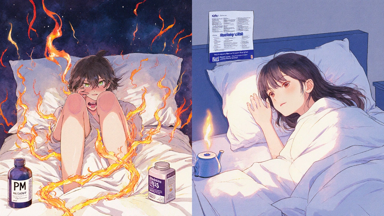 Split scene: one side shows distress from bad meds, the other shows peaceful sleep with safe alternatives like melatonin and neti pot.