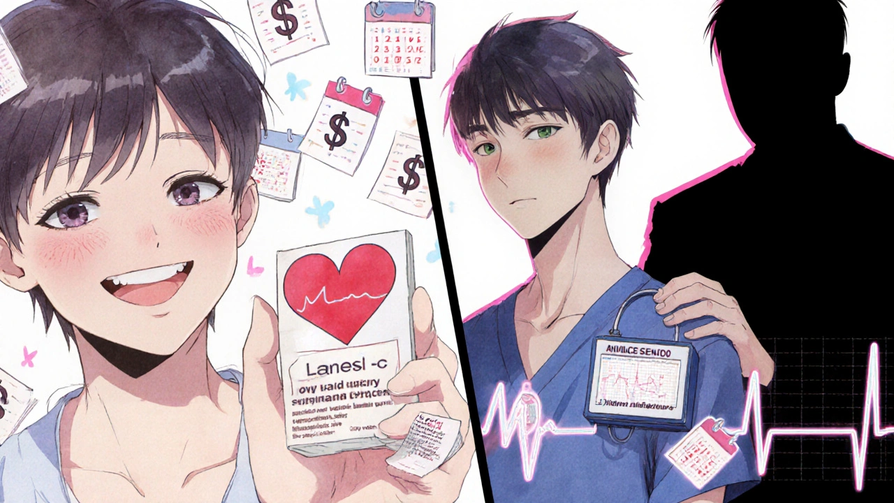 Split scene: one side shows savings and joy with generics, the other shows health concerns with inconsistent medication.