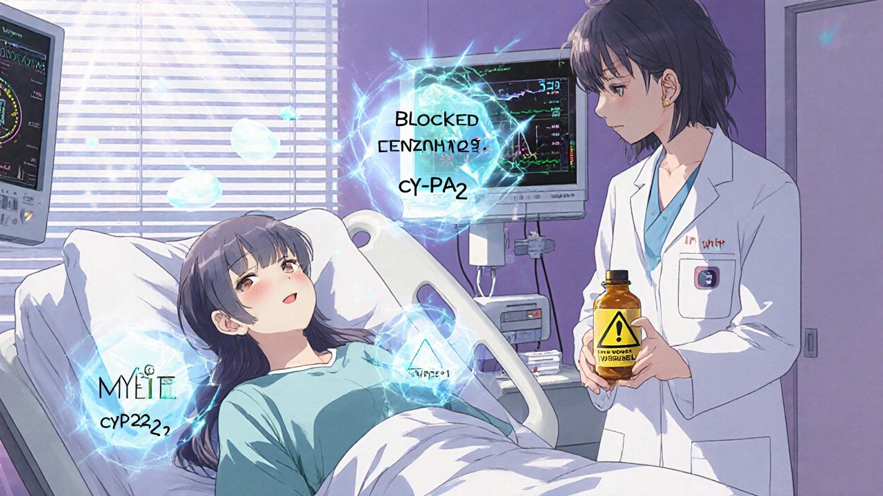 Teen patient in ER with shattered enzyme pathways floating around them, pharmacist holding warning bottle.