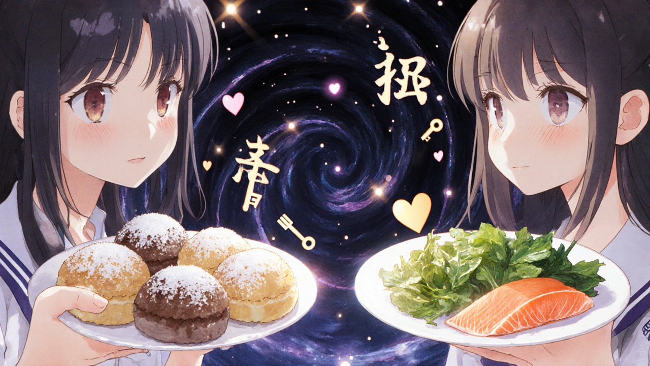 Two hands hold unhealthy and healthy foods, with fat cells breaking apart and insulin keys dissolving in a glowing vortex.