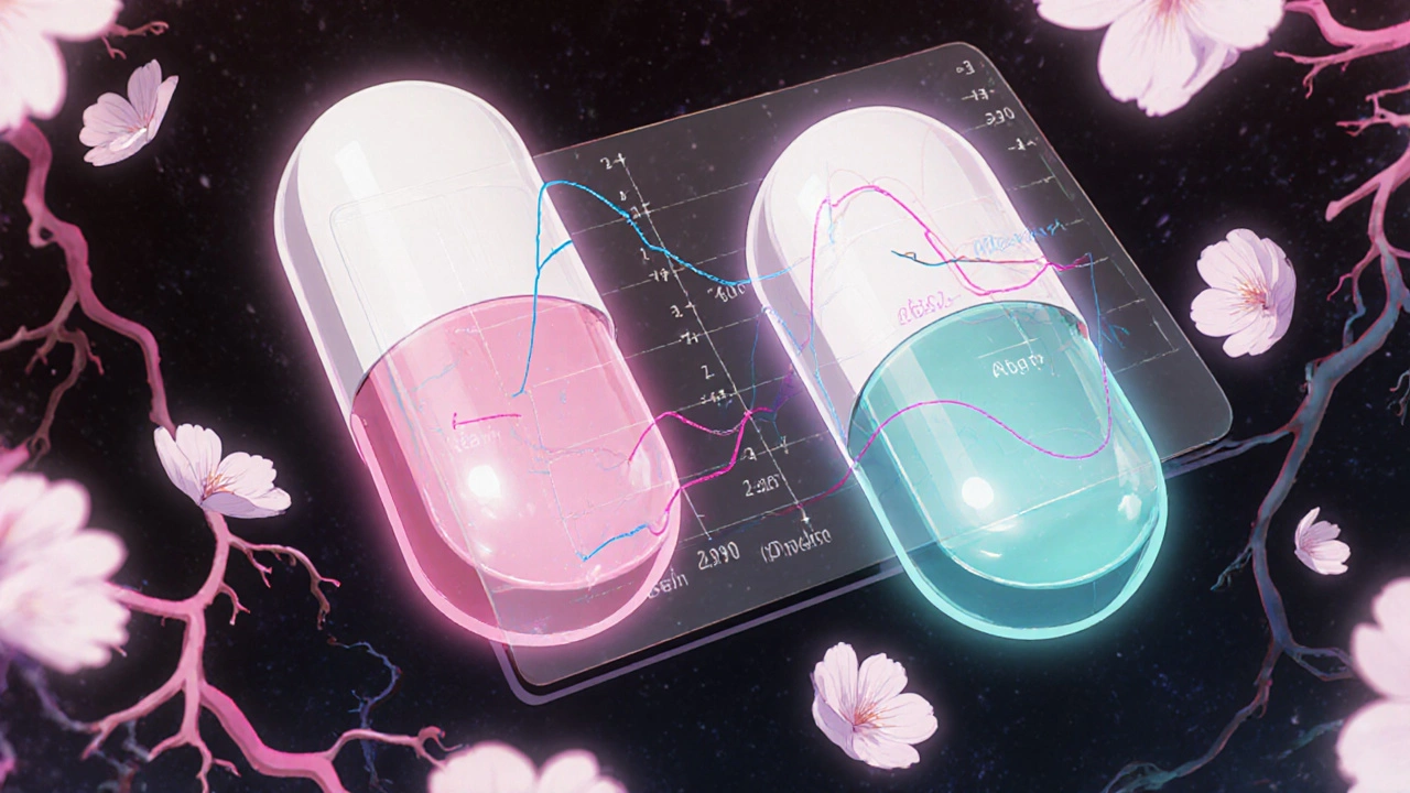 Two identical pills floating with molecular structures and matching absorption curves in a bloodstream.