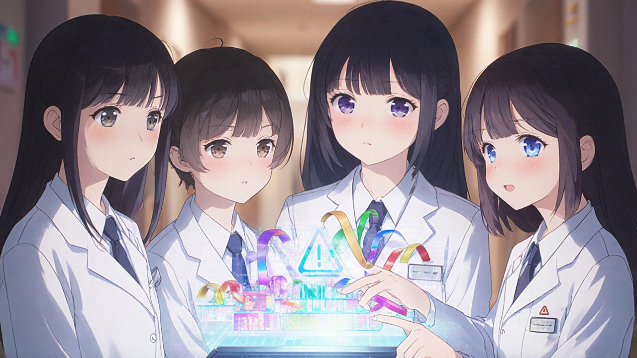 Young doctors study holographic patient data streams with glowing ribbons representing vital signs in a hospital setting.