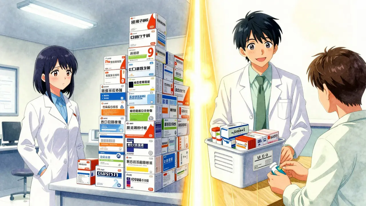 A clinic manager comparing expensive branded drugs with discounted generics, symbolizing cost savings.