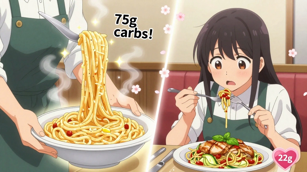 A diner chooses zucchini noodles over creamy pasta, with carb counts visually contrasting in a dreamy anime style.
