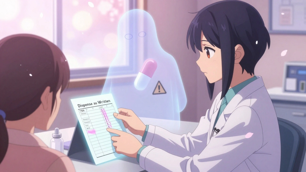 A doctor writes a 'Dispense as Written' prescription while a ghostly generic pill hovers, lab values glowing on a medical chart.