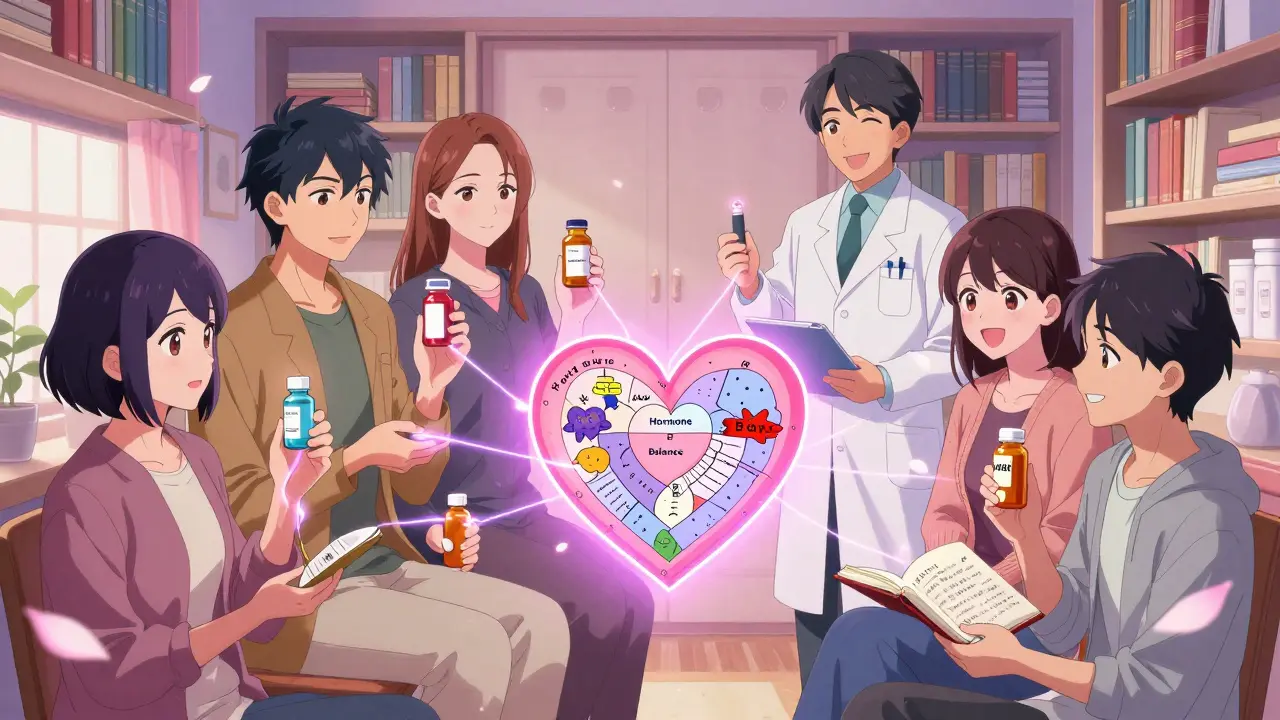 A group of transgender people in a warm room connected by glowing threads to a heart-shaped hormone balance chart, with medical professionals nearby.