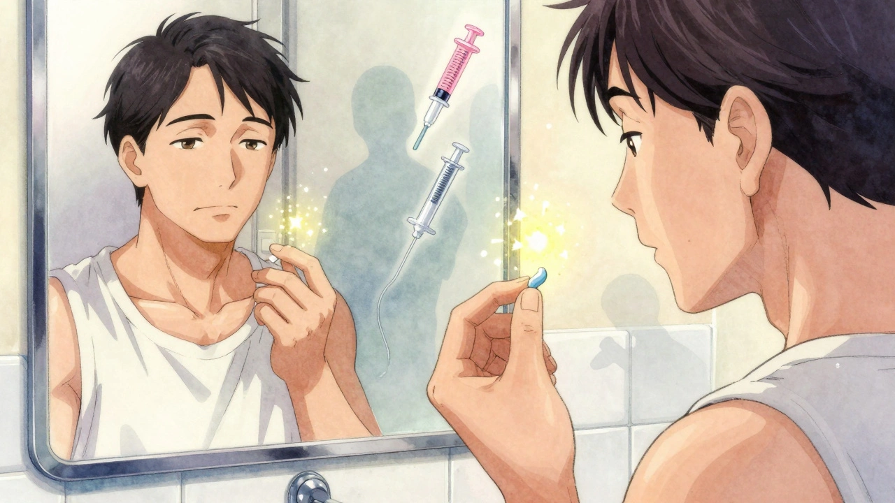 A man calmly using a urethral suppository in a softly lit bathroom with glowing hopeful particles.