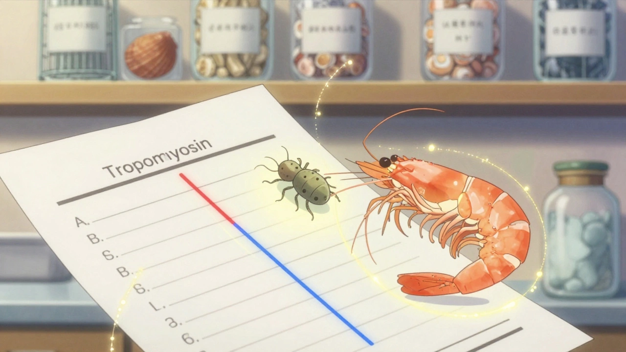 A medical illustration showing tropomyosin proteins linking shellfish and dust mites with glowing threads.