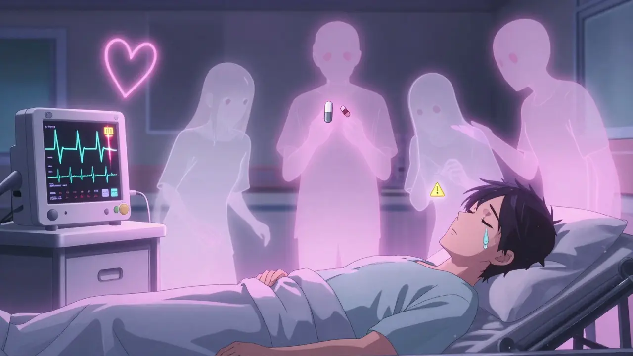 A patient in an ER with a spiked ECG monitor, surrounded by ghostly drug symbols glowing in soft pink and lavender light.