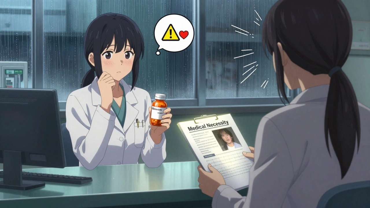 A patient presents medical evidence at a pharmacy counter, pharmacist hesitating, rain outside, EEG printout glowing in their hand.