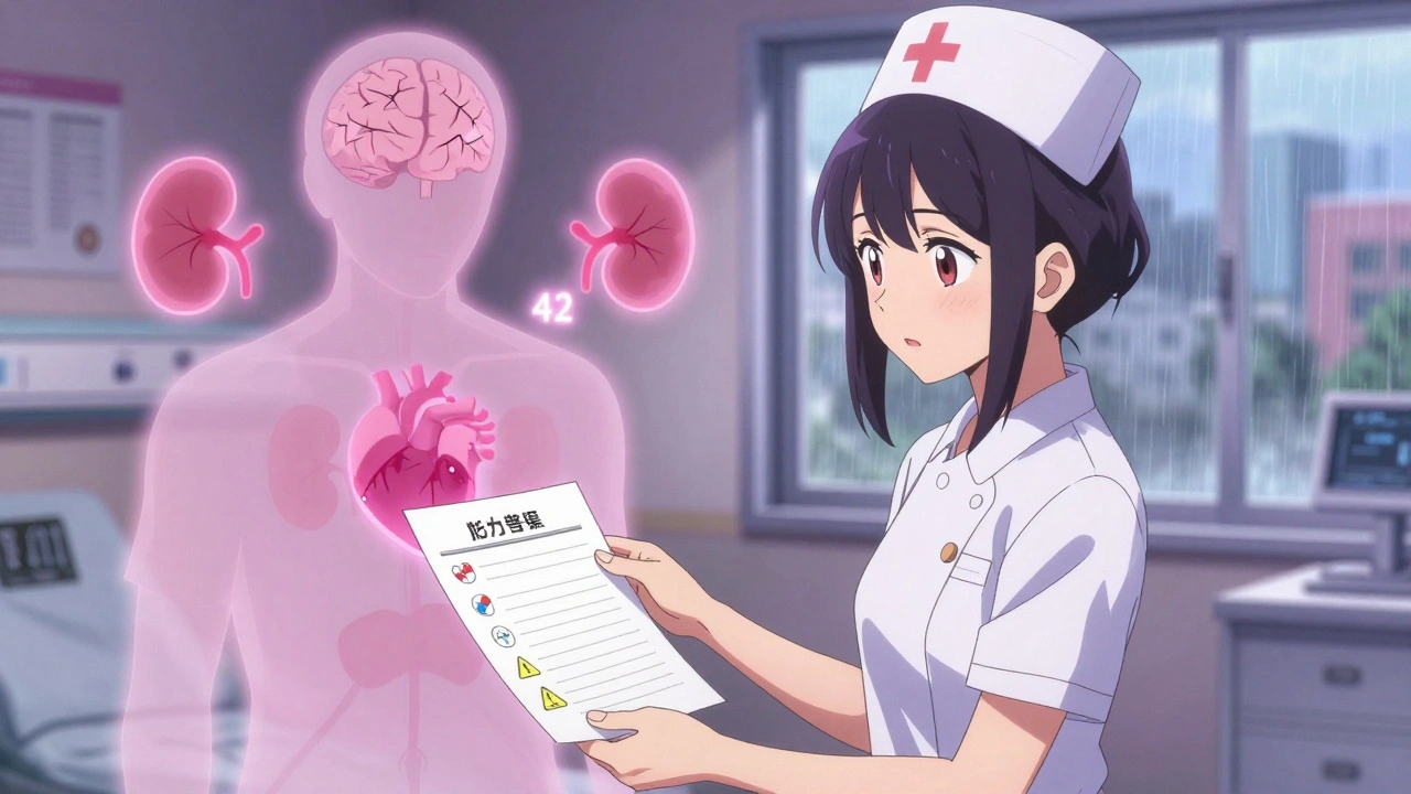 A patient receiving a safety checklist from a nurse, with a ghostly blood clot and kidney icons floating nearby.