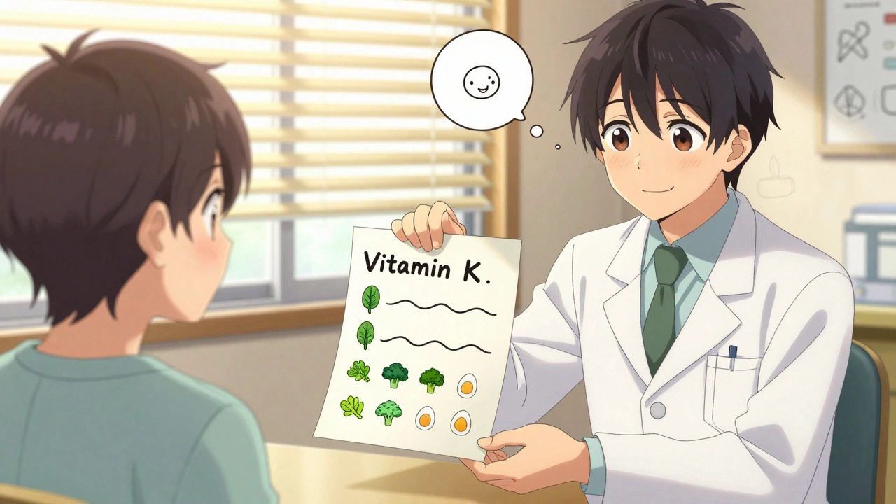 A pharmacist gives a patient a weekly vitamin K tracking chart in a warm, comforting clinic setting.