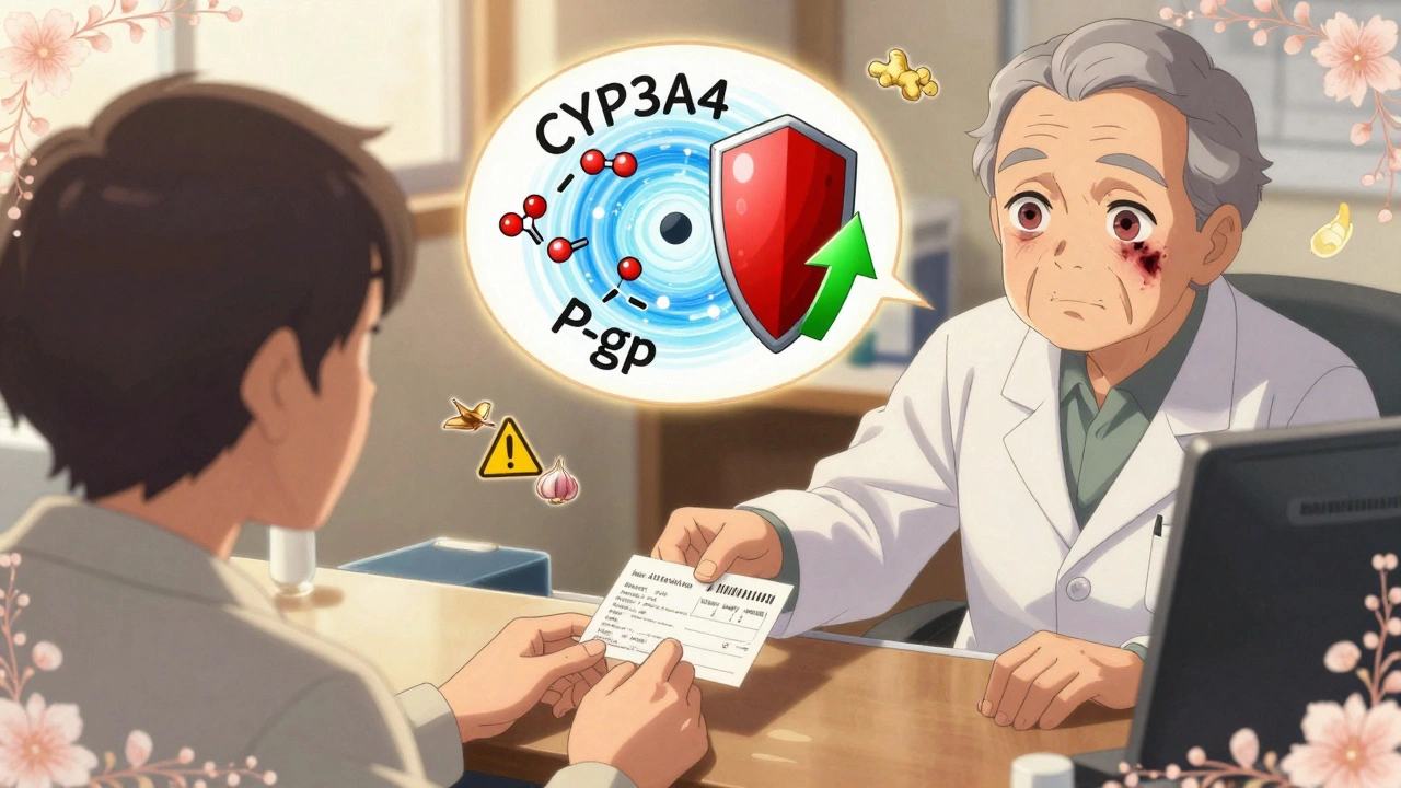 A pharmacist handing a prescription to an elderly patient, with animated enzyme symbols and herbal supplements floating around them.