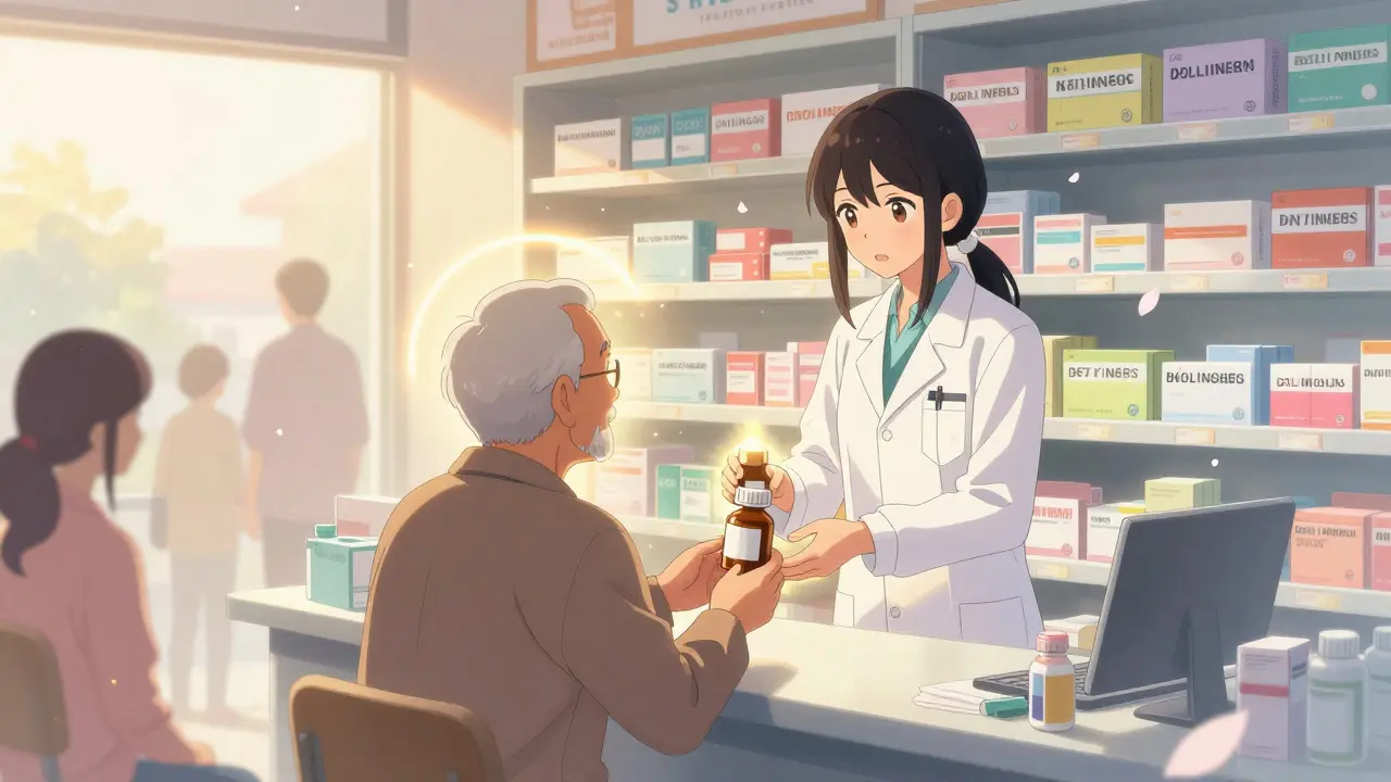 A pharmacist in India hands a generic pill bottle to an elderly patient in a colorful pharmacy.