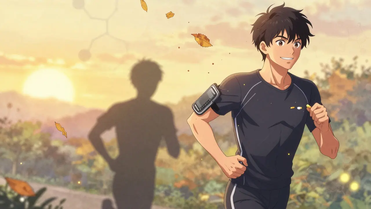 A transgender man jogging at sunrise, with symbolic falling pills representing drug interactions affecting his testosterone levels.