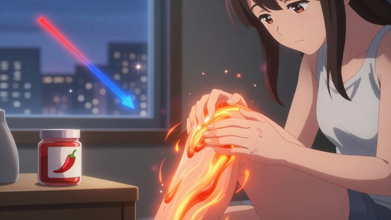 Close-up of hand applying glowing cream to knee, radiant energy swirling beneath the skin as pain fades.